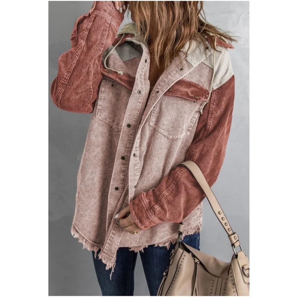 016 Cozy Color Block Oversized Corduroy Hoodie Jacket Shacket - Picture 8 of 8